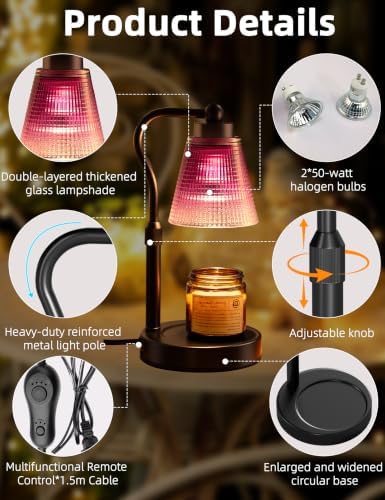 Candle Warmer Lamp for Jar Candles, Height Adjustable & Dimmable with 2/4/8H Timer, 2 * 50W Halogen Wax Melter Warmer for Home Office Décor, Flameless & Smokeless, Gift for Women Mom,Black-Purple - Image 5
