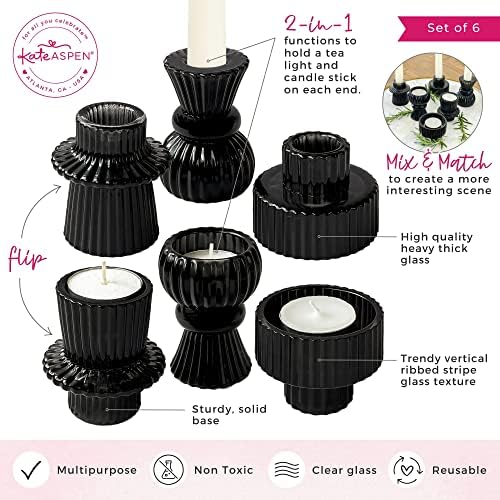 Kate Aspen Vintage Ribbed Glass Black Candlestick Holders, Pillar Candle, Tealight & Votive Candle Holders (Set of 6, 3 Assorted Sizes), Dining Table Decor, Shelf Decor, Centerpiece - Image 5