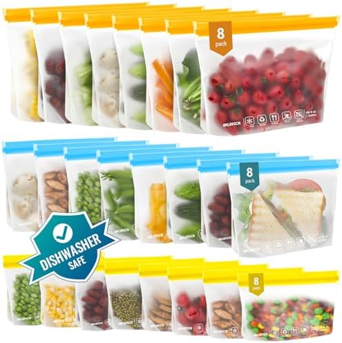 IDEATECH 24Pack Reusable Food Freezer Bags Dishwasher Safe, Leakproof Storage Contaizers, Reusable Bags Various Size for Food Storage, BPA Free Resealable Baggies(8Gallon 8Quart 8Snack,Colored) by IDEATECH