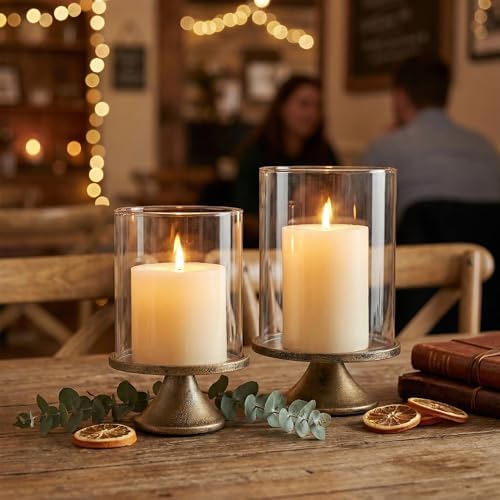 Set of 2 Hurricane Candle Holder Set with Glass Dome & Iron Base - Image 5
