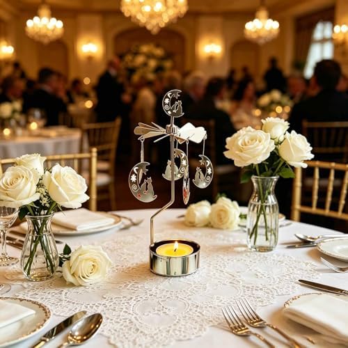 kingnero Rotary Candle Holder Spinning Candleholder Tea Light Candle Powered Carousel Small Gift (Moon & Kitty) - Image 6