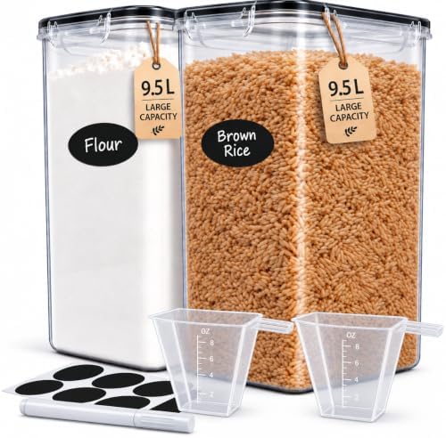 DWËLLZA KITCHEN Extra Large Flour and Sugar Storage Containers 9.5L Set of 2 Plastic Bulk Airtight Food Storage with Lids for Rice, Cereal, Pasta or Brown Sugar with Marker, Labels & Measuring Cups by DW%C3%8BLLZAKITCHEN