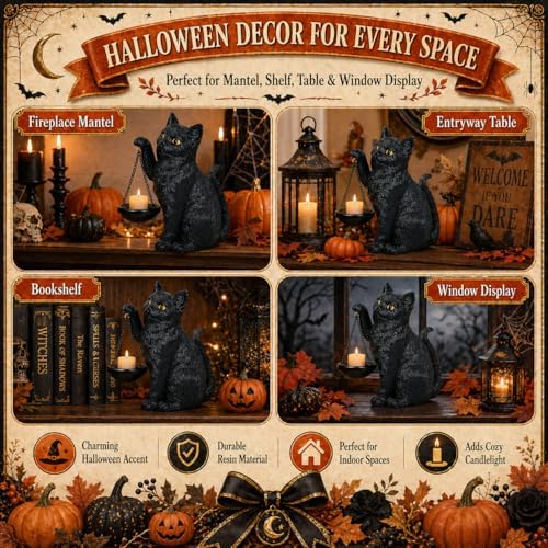 Gothic Black Cat Lamp with Tealight Candle Holder Cat Statue Halloween Decorations Indoor Gothic Home Decor for Living Room Tabletop Shelf Bedroom Unique Goth Witchy Gifts Decor - Image 5