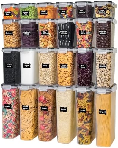 Freshware Kitchen Storage Containers with Lids, 48 PCS Airtight Food Storage Containers, Plastic Kitchen Containers, Pantry Containers for Cereal, Dry Food, Includes Labels, Marker & Measuring Spoons by Freshware