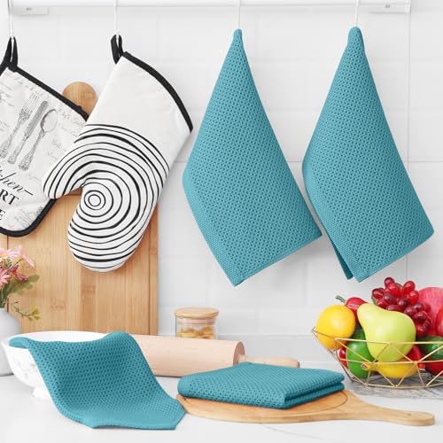 Homaxy 100% Cotton Waffle Weave Kitchen Dish Cloths 6-Pack, Lake Blue - Image 6