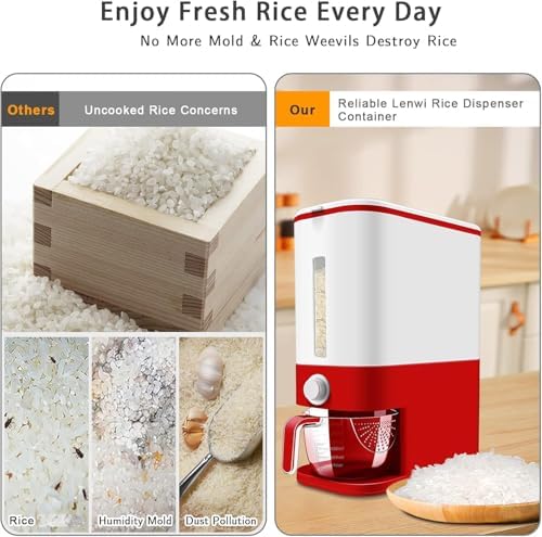 Lenwi 22-25 Lbs Rice Dispenser, Large Cereal Dry Food Storage Containers with Measuring Cup, BPA-Free Household for Kitchen Pantry Organization-Red - Image 3