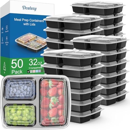 Dealusy 50 Pack 32 oz Meal Prep Containers with Lids 3-Compartment, Black by Dealusy