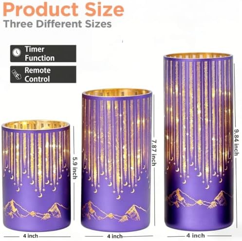 Purple Illuminated Starry Night Hurricanes with Remote Timer, Flickering LED Candle Holder for Halloween Mantel Decor, Party, Lavender Weddings, Memorials and Purple Events, Set of 3 - Image 6
