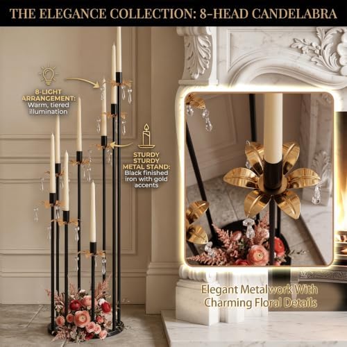 8 Arms Candelabra Candle Holder for Wedding Decorations, 33.8 inches Tall Metal Candlesticks Holder for Table Dinner Party Valentines Day Fireplace Decoration (4, Black&Gold Set) - Image 4