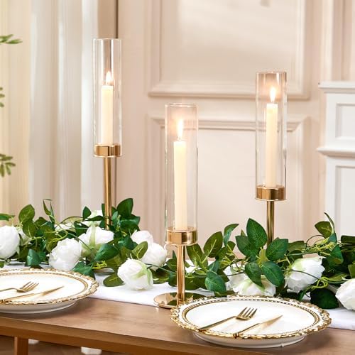Gold Hurricane Glass Candle Holders Set of 3 Brass Taper Candlestick Holder - Image 6