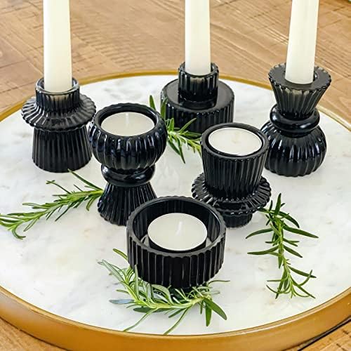 Kate Aspen Vintage Ribbed Glass Black Candlestick Holders, Pillar Candle, Tealight & Votive Candle Holders (Set of 6, 3 Assorted Sizes), Dining Table Decor, Shelf Decor, Centerpiece by KateAspen