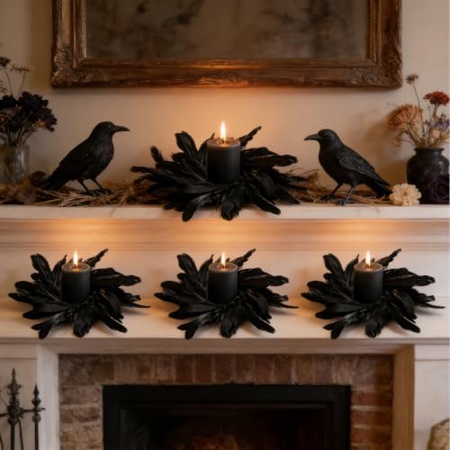 4 Pcs Black Crow Feather Halloween Mini Candle Ring Wreaths Gothic Black Feather Artificial Pillar Candle Holder Wreath for Spooky Dark Home Cabinet Table Porch Decoration - Image 3