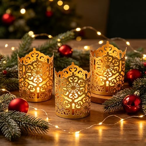 Hosley Set of 3 Gold Diamond Cut Candle Holders 4 Inches High Elevate Your Space with Elegant Metal Candle Holders in a Value Pack - Image 7