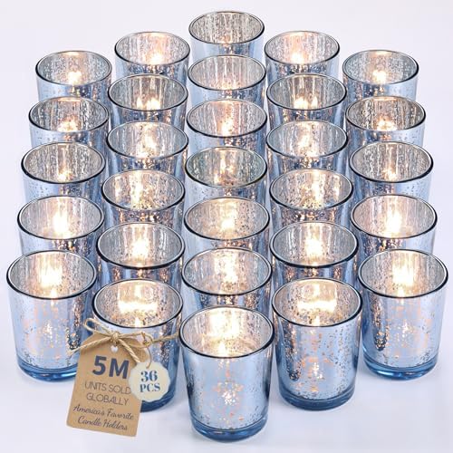 LETINE Blue Votive Candle Holders Set of 36 -Mercury Glass Candle Holders for Wedding & Baby Shower Decor - Ideal for Bridal Shower & Centerpieces for Tables by LETINE