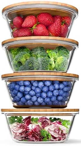 Verel Glass Food Storage Containers with Bamboo Lids (4 Pack, 32 Ounce) Eco Friendly Meal Prep Containers Airtight – Plastic Free, BPA Free by Verel