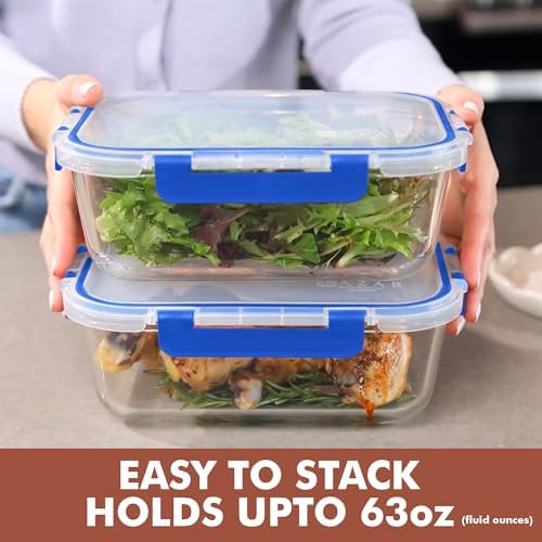 Razab 2 Pcs 1860ml / 63 Oz Large Glass Food Storage Containers with Lids - Glass Meal Prep Containers with Locking Lids for Roasting, Storing Leftover, Lunch Container, BPA Free, Microwave & Oven Safe - Image 2