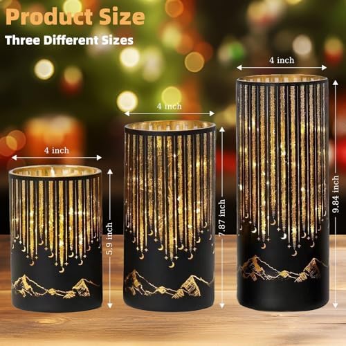 Starry Night Elegant Hurricane Candleholders with LED Flickering Lights & Remote Timer, Decorative Glass Hurricanes for Indoor Table Centerpieces & Year-Round Home Decor, Set of 3 (Black) - Image 2