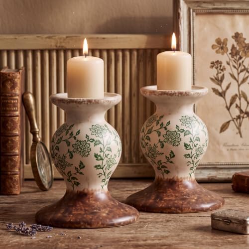 Patelai 2 Pcs Terracotta Pillar Candle Holders Floral Taper Candlestick by Patelai