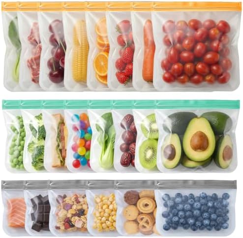 20 Pack Reusable Freezer Bags, Leakproof Reusable Silicone Food Storage Bags BPA Free Contaizers, Snack Sandwich Gallon Bags for Meal Prep, Marinate Meat, Salad Fruit, Veggies, Lunch, Travel, Kitchen by Anelueeoo