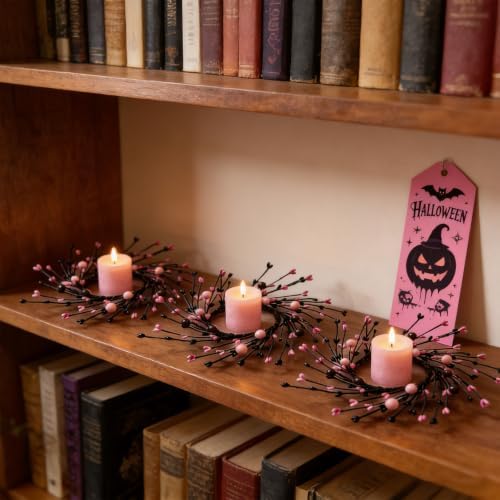 4 Pcs Pink Halloween Mini Candle Ring Wreaths Black Twig & Pink Buds with Bead Accents Artificial Pillar Candle Holder Wreath for Spooky Cute Gothic Home Cabinet Table Porch Decoration - Image 4