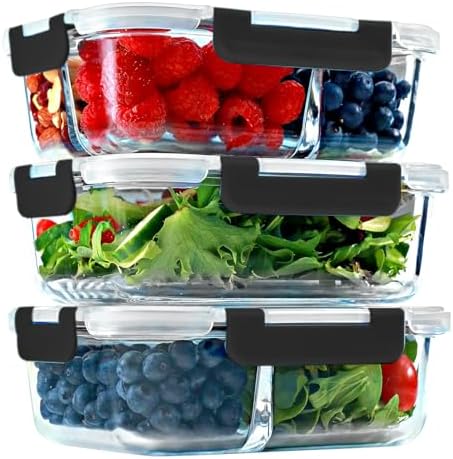 Glass Meal Prep Containers 1 & 2 & 3 Compartments, Airtight, 35 oz, 3 Pack by FITSTRONGHEALTHY