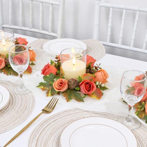 Terracotta Rose Candle Rings with Flameless Candles Sets - 12PCS Artificial Flower Eucalyptus Fall Candle Wreath 3 Inch Fall Candle Rings Wreaths for Autumn Candle Rings (Terracotta - 6 Sets) - Image 5