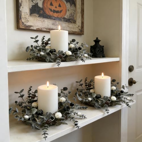 6 Pcs Grey Eucalyptus Halloween Mini Candle Ring Wreaths White Black Mini Pumpkin with Berry Accents Artificial Pillar Candle Holder Wreath for Gothic Rustic Home Cabinet Table Porch Decoration - Image 7
