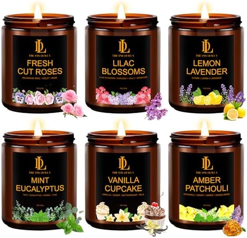 6 Pack Candles for Home Scented, Candles Gifts for Women Men, 42oz Soy Candle Set, Scents of Roses/Lemon Lavender/Vanilla Cupcake/Amber Patchouli/Lilac Blossoms/Mint Eucalyptus by DLDREAMYDEWLA