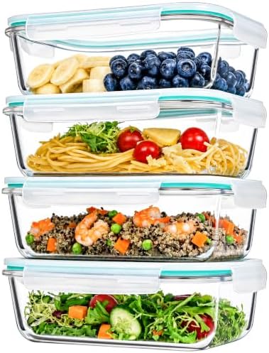 GEHE 4 Pack 52oz Glass Food Storage Containers with Lids, Large Glass Storage Containers with Airtight Lids, Meal Prep Container for Storing & Serving, Leak Proof, BPA Free, Microwave/Oven Safe by GEHE
