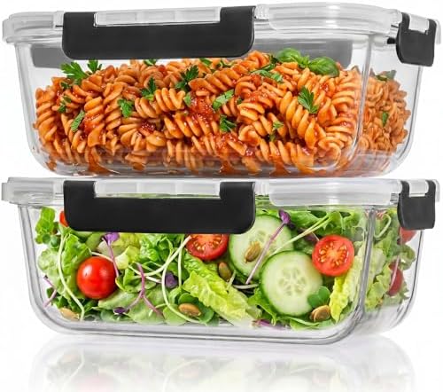 Razab 2 Pcs 1860ml / 63 Oz Large Glass Food Storage Containers with Lids - Glass Meal Prep Containers with Locking Lids for Roasting, Storing Leftover, Lunch Container, BPA Free, Microwave & Oven Safe by RazabHomeGoods