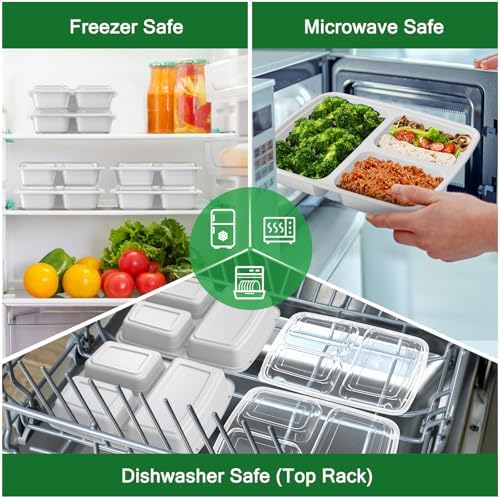 Dealusy 50 Pack 32 oz Meal Prep Containers with Lids 3-Compartment, Silver - Image 5