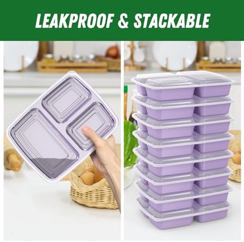 Dealusy 50 Pack 32 oz Meal Prep Containers with Lids 3-Compartment, Lilac - Image 4
