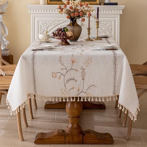 Joyfol Day Rustic Fall Rectangle Table Cloth, Heavy Duty Linen Florals Embroidery Tablecloths, Farmhouse Waterproof Tablecloth, Wrinkle Free Table Cover with Tassels, Coffee Berry, 55''x 120'' - Image 2