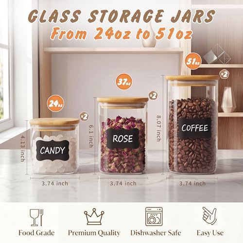 24/ 37/ 51 Oz Glass Jars - 6 Pack Food Storage Containers with Lids Square - Image 2