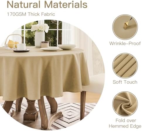 Veblandy Faux Linen Round Tablecloth 60 inch, Table Cloth Wrinkle Free Decorative Fabric Waterproof Table Cover for Dining/Party/Buffet/Wedding, Coffee - Image 3
