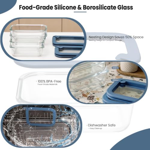 Taree Glass Food Storage Containers with Glass Silicone Lids,22/35oz, Blue - Image 6