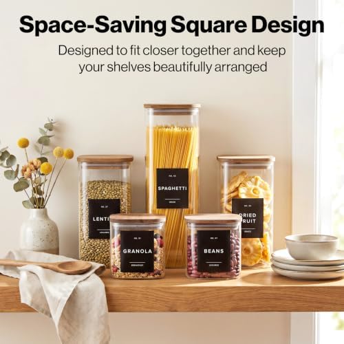 Glass Pantry Storage Jars Containers with Acacia Lids and Labels - Set of 5 - Image 3