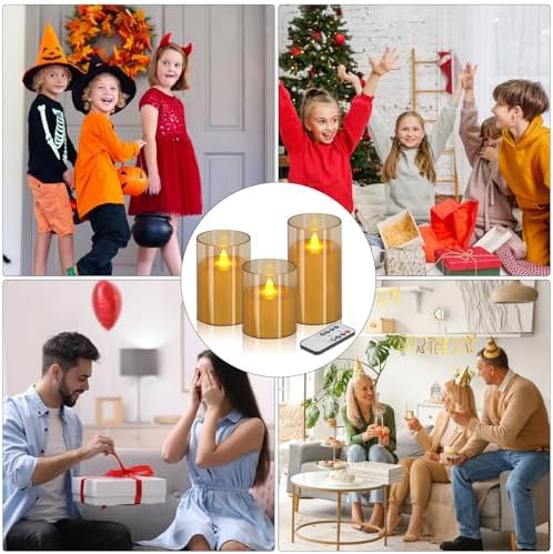 wemarry Flameless Candles 4" 5" 6" Acrylic Glass Pillars 3" Diameter Battery Operated Flickering Candles Include 8-Key Remote with Timer Function 400+ Hours (Amber, Warm Light 3 Pack) - Image 3