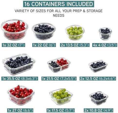 COOK WITH COLOR Premium 32-Pc. Borosilicate Glass Food Container Set with Dividers - 4 Rectangles, 8 Rounds, 4 Squares - Leakproof Lids - Meal Prep, Storage, Ombre Blue - Image 3
