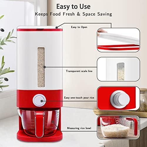 Lenwi 22-25 Lbs Rice Dispenser, Large Cereal Dry Food Storage Containers with Measuring Cup, BPA-Free Household for Kitchen Pantry Organization-Red - Image 2