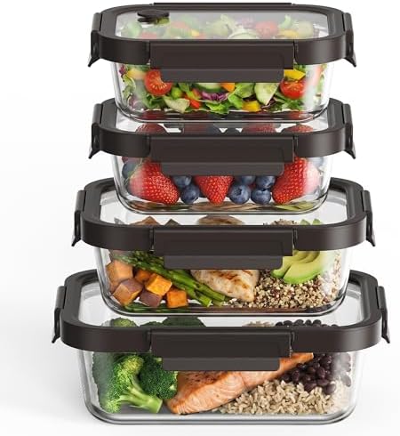GENICOOK Glass Meal Prep Containers with Glass Lids, 4 Set Airtight Glass Food Storage Containers, Borosilicate Glass Lunch Containers for Healthy Meal Prep, Microwave Oven Dishwasher Safe, BPA Free by GENICOOK