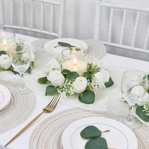 White Rose Candle Rings with Flameless Candles Sets - 12PCS Artificial Flower Eucalyptus Wedding Centerpiece 3 Inch Pillar Candleholders Wreaths for Wedding Party Decor (White - 6 Sets) - Image 5