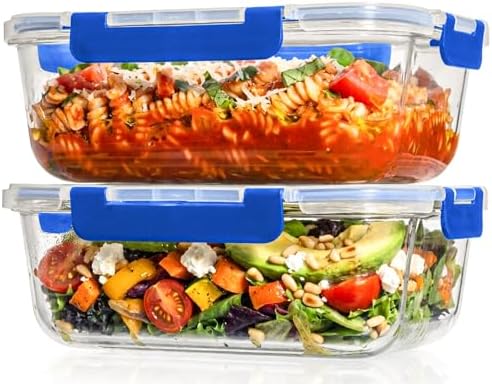 Razab 2 Pcs 1860ml / 63 Oz Large Glass Food Storage Containers with Lids - Glass Meal Prep Containers with Locking Lids for Roasting, Storing Leftover, Lunch Container, BPA Free, Microwave & Oven Safe by RazabHomeGoods