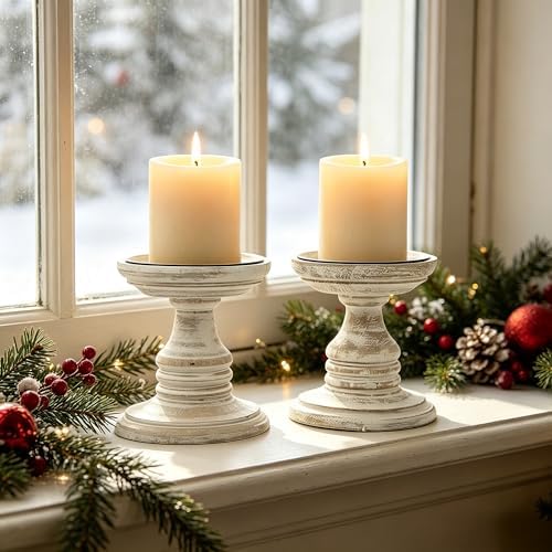 Hosley's Set of 2 White Wood Pillar Holders - 5" High. Ideal Gift for Weddings, Special Occasion, Spa, Aromatherapy Settings, Candle Gardens W1 - Image 4