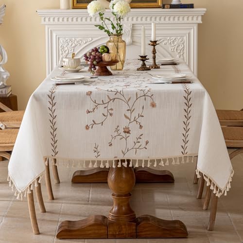 Joyfol Day Linen Waterproof Tablecloth with Tassels, Rustic Farmhouse Flowers Embroidery Table Cloths for Rectangle Tables, Heavy Weight Spill-Proof Table Covers, Coffee Florals, 55''x 86'' - Image 2