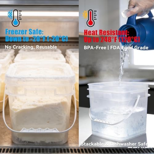 Food Storage Buckets with Lids - 4 Set Square Clear Plastic Containers, Airtight Pressure Seal & Handle for Kitchen Freezer Prep (Clear, 1.3 gal) - Image 5