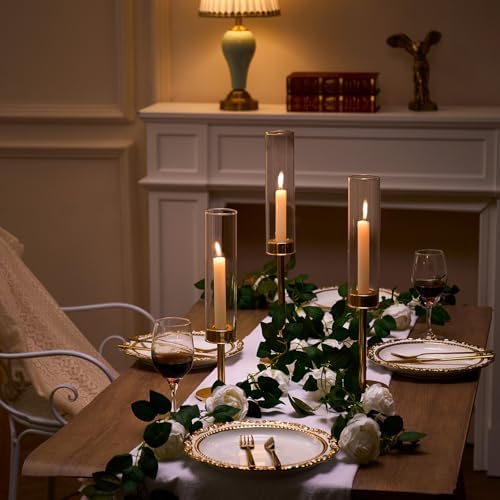 Gold Hurricane Glass Candle Holders Set of 3 Brass Taper Candlestick Holder - Image 3
