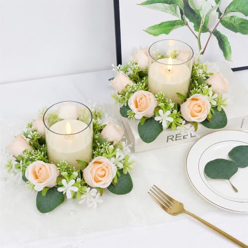 Champagne Rose Candle Rings with Flameless Candles Sets - 12PCS Artificial Flower Eucalyptus Wedding Centerpiece 3 Inch Pillar Candleholders Wreaths for Wedding Party (Champagne White-6 Sets) - Image 2