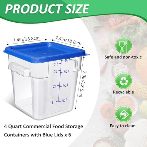 Yungyan 6 Pcs Commercial Clear Food Storage Containers 4 Qt Square Acrylic Airtight Food Storage Containers with Lids for Kitchen Restaurant Pantry Freezer Flour Sugar(Blue) - Image 2