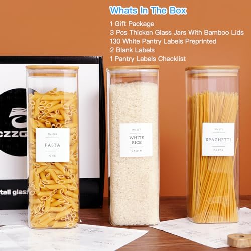 CZZGSM 3 Pack Square Kitchen Storage Jars with Airtight Bamboo Lids and 132 Pantry Labels - 80oz Glass Canisters with Wood Lids - Food Storage Containers for Spaghetti, Pasta, Fettuccine - Image 2
